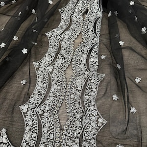 Black net dupatta with silver sequins / Free Shipping in US
