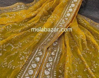Embroidered Yellow Organza Dupatta /Stole/Wrap, Free Shipping In US