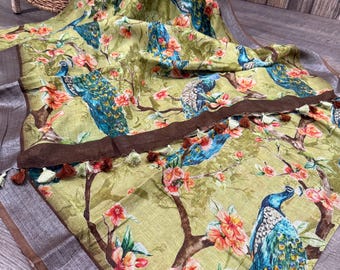 Peacock print pure linen saree  /Fall attached /Free Shipping In US