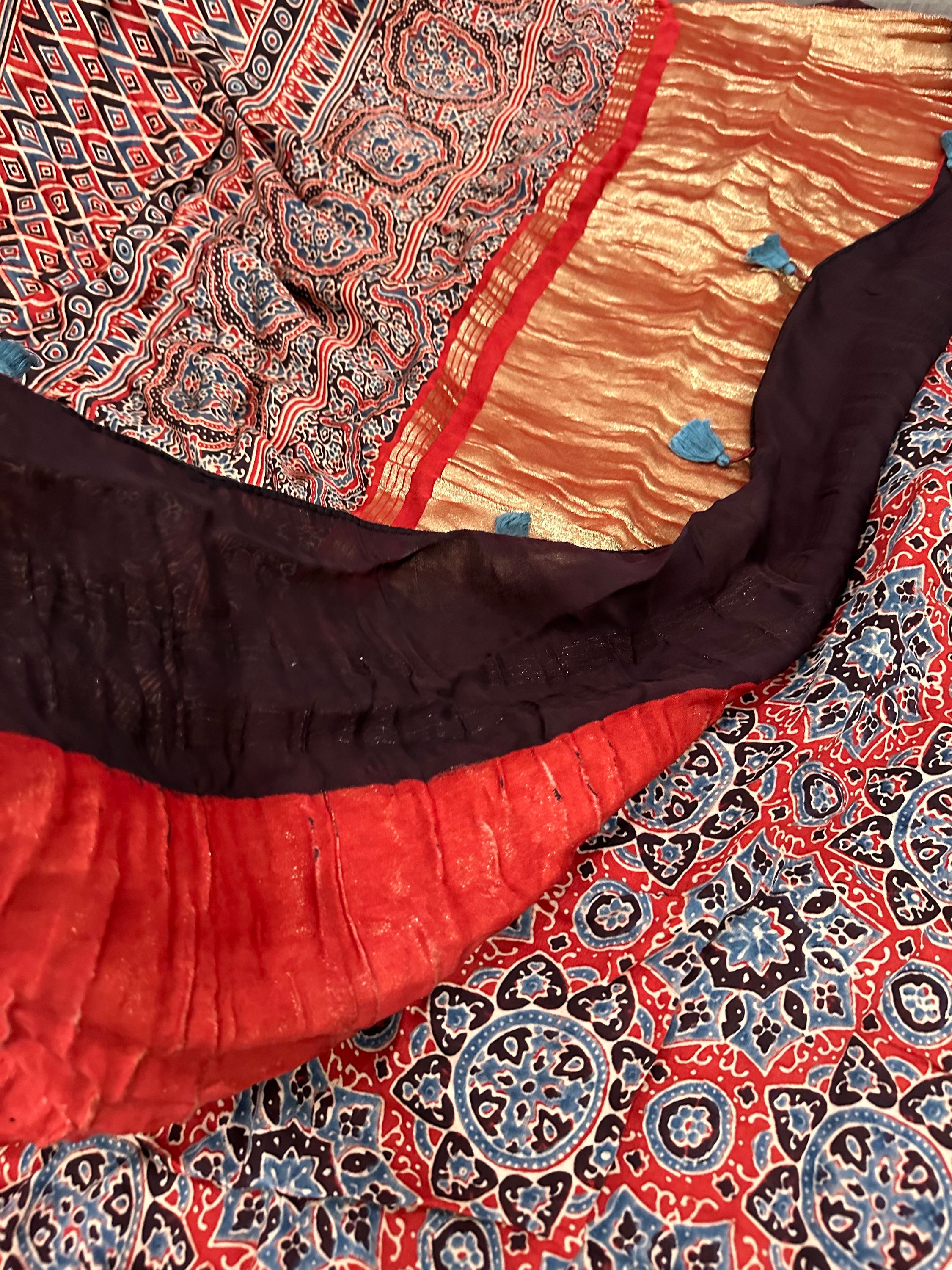 Ajrakh Hand Print Red Modal Silk Saree / Free Shipping in US 