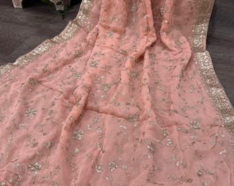 Embroidered Peach Fine Georgette Dupatta /Stole/Wrap/ Free Shipping in US