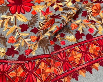 Gray Embroidered Pure Wool Shawl / Kashmiri Stole / Free Shipping in US