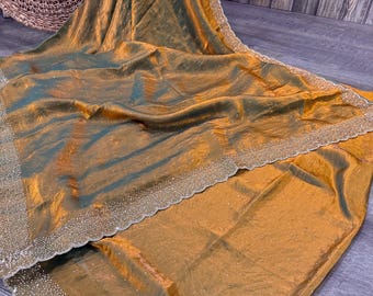 Crushed Dual Shade Saree with Rhinestones / Fall attached /Free Shipping In US