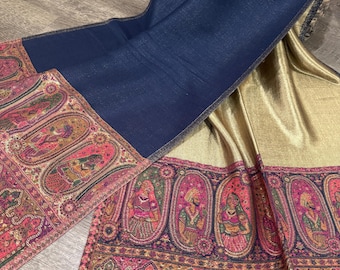 Blue and gold reversible wool blend stole with Kaani weaving / Free Shipping in US