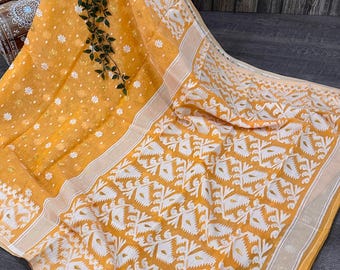 Light Orange Soft Jamdani Saree / Fall Attached /Free Shipping In US
