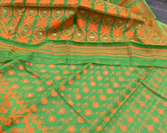 Orange and Parrot Green Jamdani Saree / Fall Attached/ Free Shipping in US