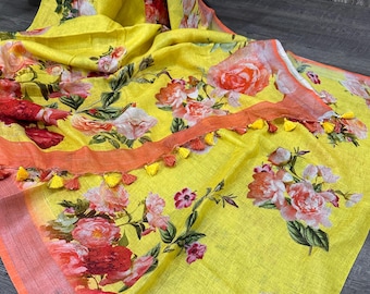 Bright Yellow Floral Printed Pure Linen Saree /  100 count linen saree / Free Shipping In US