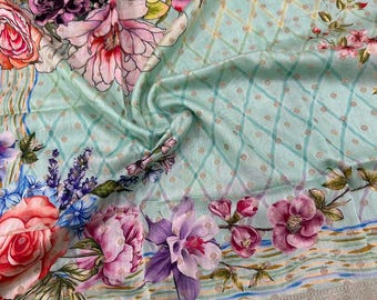 Blue Floral Banarsi Dupatta / Pure Chanderi Silk /Free Shipping in US