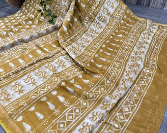 Handprinted Cotton Silk Saree / Chanderi Silk by Cotton  /Free Shipping In US