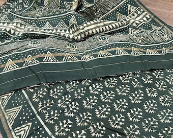 Green Handprinted Cotton Silk Saree / Chanderi Silk by Cotton  / Free Shipping In US