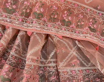 Peach Embroidered Muslin Jamdani Saree /Free Shipping In US