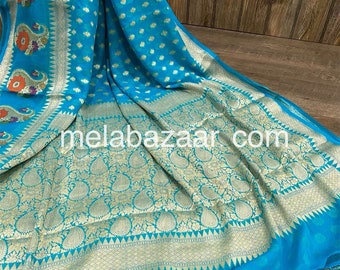 Pure Silk Chiffon Blue Banarsi Saree/ Free Shipping In US