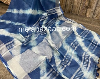 Blue Pure Linen Saree / Shibori Linen Saree / Free Shipping In US