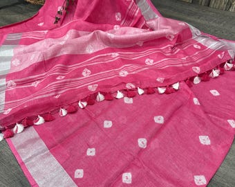 Pink Pure Linen Saree / Tie and Dye Saree / Free Shipping In US
