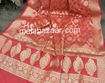 Coral Peach Banarsi Dupatta/Stole/Wrap/ Free Shipping in US