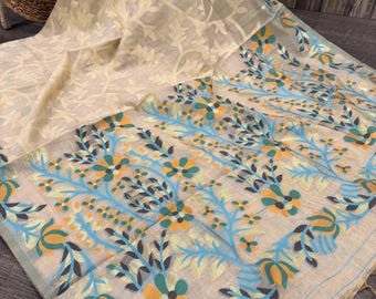Beige Cotton Silk Saree / Fall Attached/ Free Shipping in US