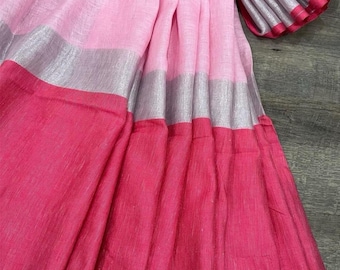 Baby Pink Pure Linen Saree / 100 Count Saree / Free Shipping In US