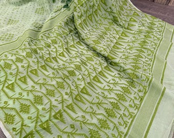 Sage Green Jamdani Saree / Fall Attached/ Free Shipping in US