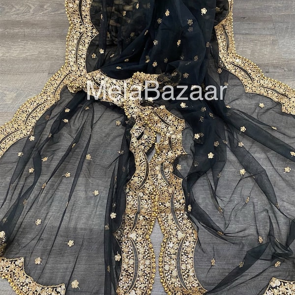 PRE-ORDER Black net dupatta with gold sequins work/ Free Shipping in US