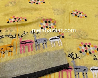 Yellow Pure Linen Saree Embroidered / 100 count linen saree / Free Shipping In US