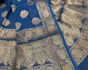 Blue Banarsi Dupatta / Cotton Silk Scarf Wrap / Free Shipping in US