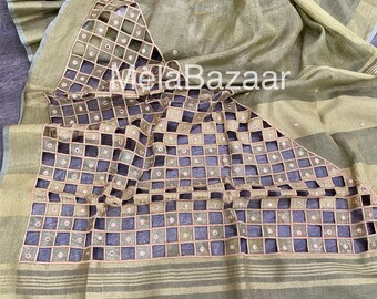 Greenish Gold Tissue Linen Cutwork Saree /Free Shipping In US