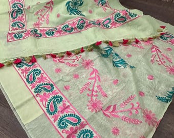 Mint Green Silk Linen Embroidered Saree / Free Shipping In US