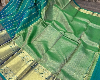 Sari de seda Kanjivaram de dos tonos verde / Certificado Silk Mark / Envío gratuito en EE. UU.