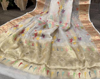 White Pure Kota Silk Dupatta with Meenakari /Free Shipping in US