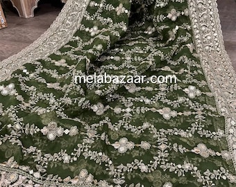 Embroidered Dark Moss Green Organza Dupatta /Stole/Wrap/ Free Shipping in US