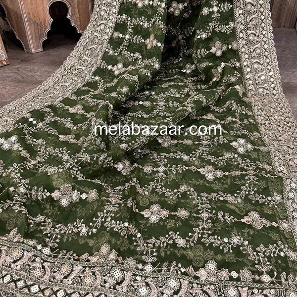 Embroidered Dark Moss Green Organza Dupatta /Stole/Wrap/ Free Shipping in US