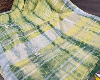 Yellow Shibori Pure Linen Hand Work Saree /Free Shipping In US