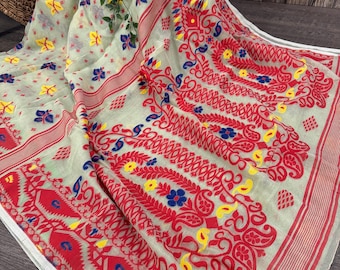 Light Pista Green and Red Jamdani Saree / Fall Attached/ Free Shipping in US