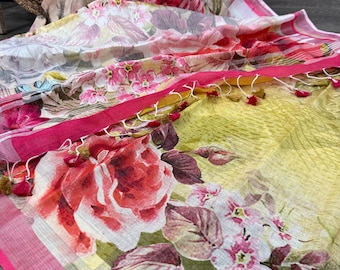 Yellow Floral Saree Pure Linen /  100 count linen saree / Free Shipping In US