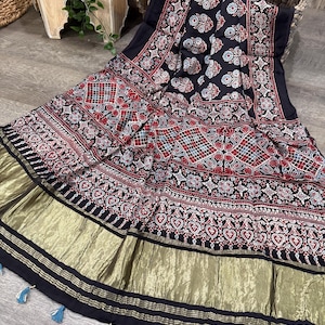 Black Ajrakh Dupatta on Modal Silk / Scarf / Stole / Free Shipping in US
