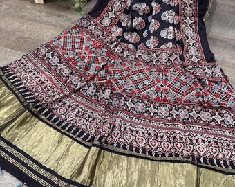 Black Ajrakh Dupatta on Modal Silk / Scarf / Stole / Free Shipping in US