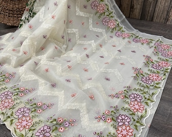 Embroidered Cream Organza Saree /Free Shipping In US