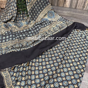 Modal Silk Brown Ajrakh Saree /Hand Printed / Free Shipping in US