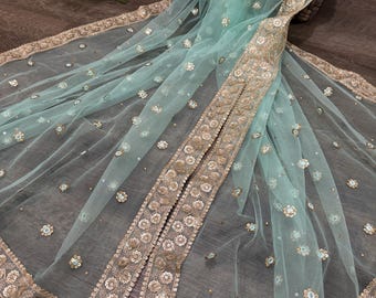 Aqua Blue Net Dupatta / Stole / Wrap / Free Shipping in US