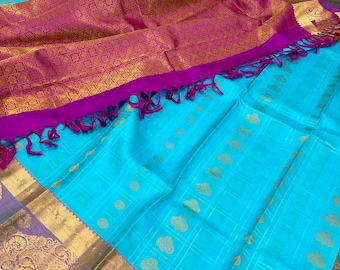 Blue Pure Kanjivaram Silk Saree/ Silk Mark Certified /  Free Shipping In US