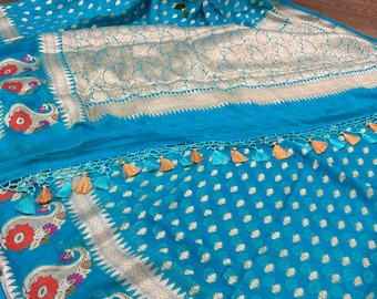 Pure Silk Chiffon Blue Banarsi Saree/ Free Shipping In US
