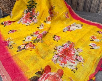 Yellow Floral Silk Linen Saree / Lightweight Saree / Free Shipping In US