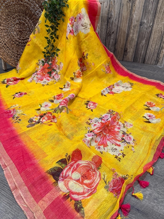 Yellow Floral Silk Linen Saree / Lightweight Saree / Free Shipping In US