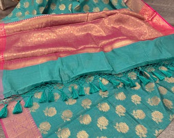 Teal Banarasi Cotton Silk Saree /Fall Attached /Free Shipping In US