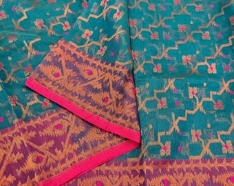 Teal Blue  and Pink  Jamdani Soft Saree / Fall Attached/ Free Shipping in US