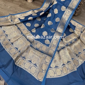 Blue Banarsi Dupatta / Cotton Silk Scarf Wrap / Free Shipping in US