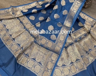 Blue Banarsi Dupatta / Cotton Silk Scarf Wrap / Free Shipping in US