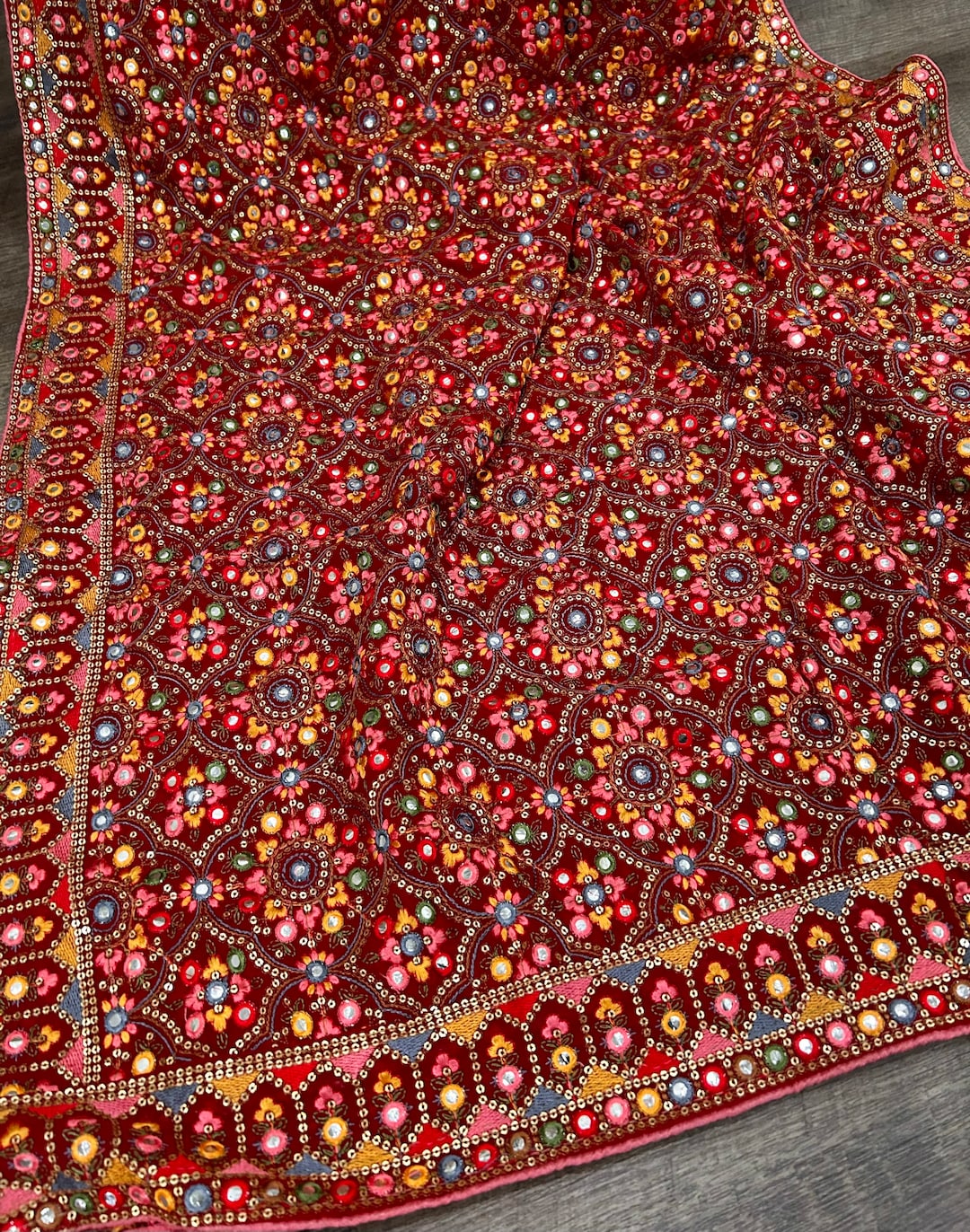 Maroon - Georgette Hand Embroidered Phulkari Dupatta 30