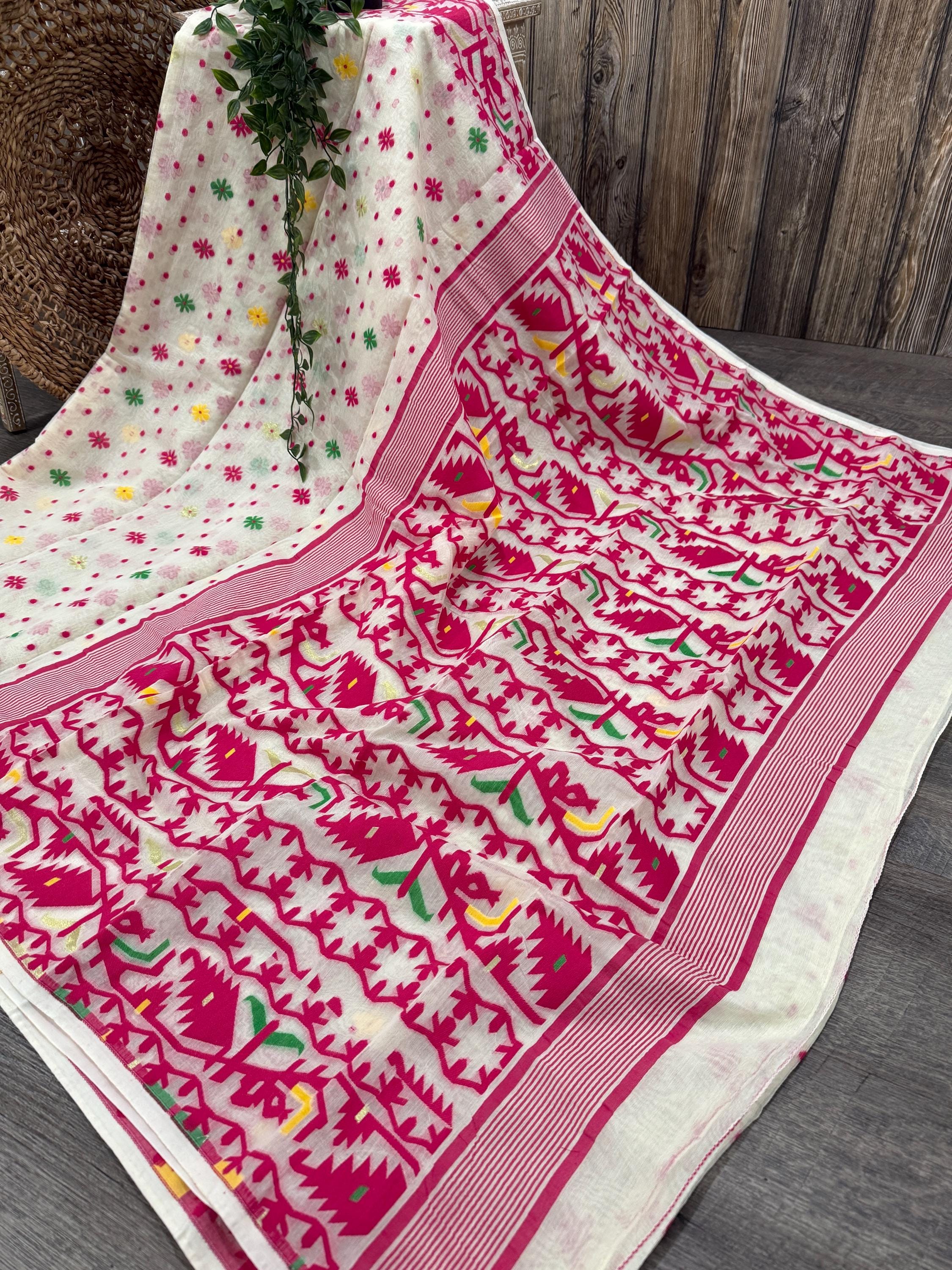 Hot Pink and Cream Jamdani Saree / Fall Attached/ Free Shipping in
