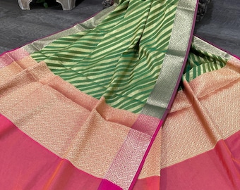 Striped Banarasi Dupatta Green and Gold /Silk Stole/Wrap/ Free Shipping